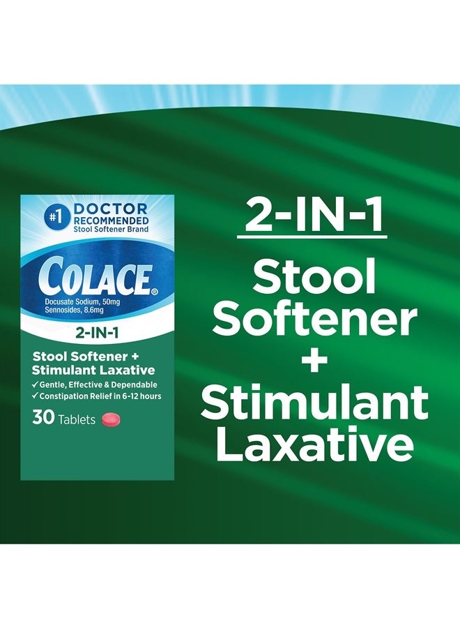 2-In-1 Stool Softener & Stimulant Laxative Tablets, Gentle Constipation Relief in 6-12 Hours, 30 Count