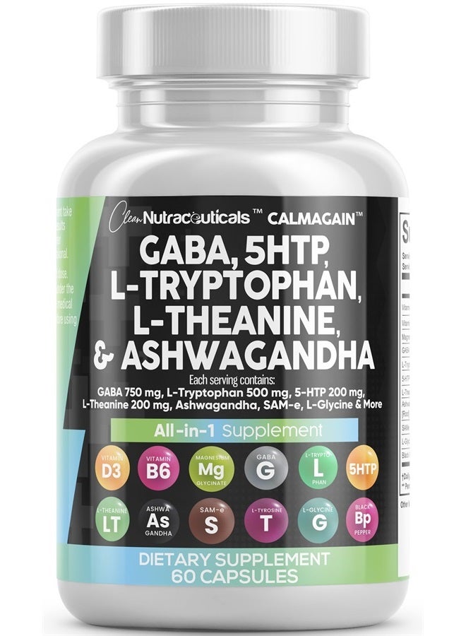 GABA 750mg 5 HTP 200mg L Tryptophan 500mg L Theanine 200mg Ashwagandha 3000mg SAM-e L-Glycine - Mood Support Vitamins for Women and Men with L-Tyrosine - Made in USA 60 Caps