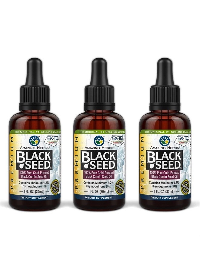 Premium Black Seed Oil - Gluten Free, Non GMO, Cold Pressed Nigella Sativa Aids in Digestive Health, Immune Support, Brain Function - 1 Fl Oz (Pack of 3)