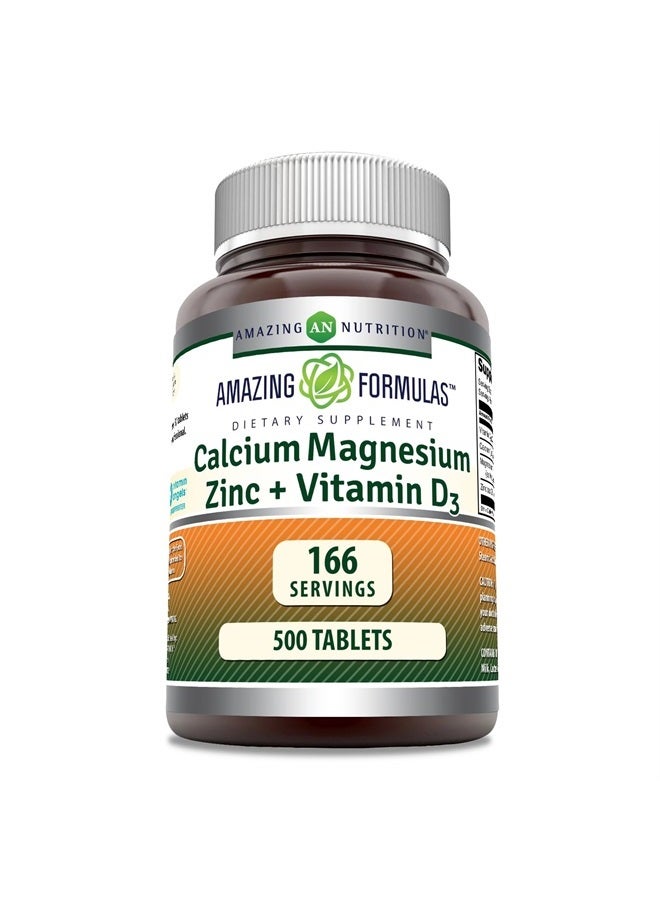 Amazing Formulas Calcium Magnesium Zinc + Vitamin D3 Supplement | 500 Tablets | Non-GMO | Gluten-Free | Made in USA