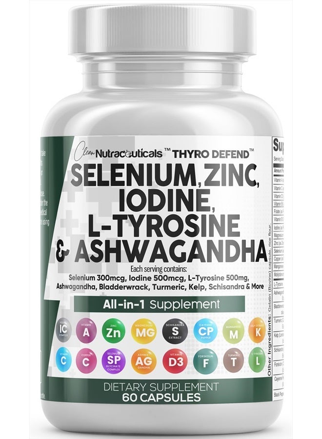 Selenium 300mcg Zinc 50mg Iodine 500mcg L Tyrosine 500mg Ashwagandha 6000mg - Thyroid Support Supplement for Women and Men with Bladderwrack, Turmeric, Kelp, Schisandra - 60 Capsules