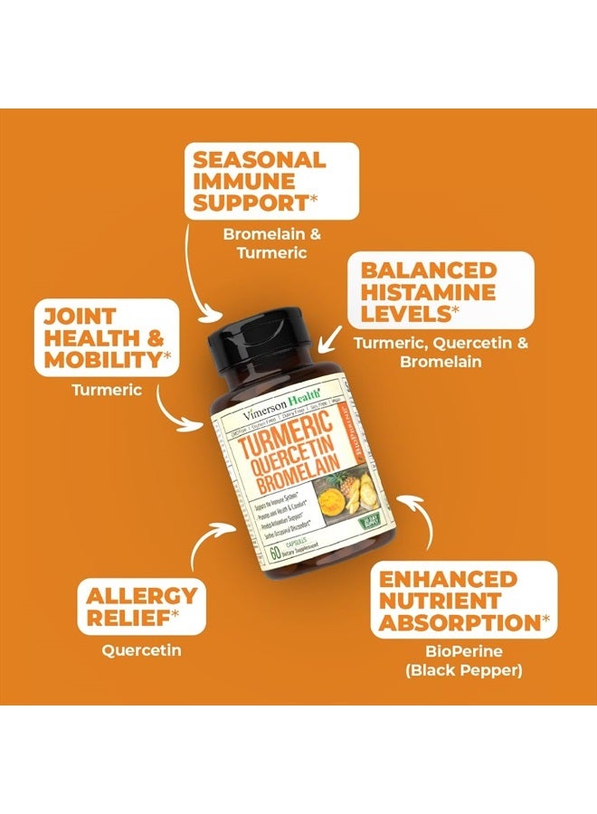 Quercetin with Bromelain & Turmeric Curcumin - Bromelain Supplement with Black Pepper. Immune Support & Joint Support Supplement - BioPerine, Bromaline & 700mg Organic Tumeric. Non-GMO. Vegan. 60 Caps