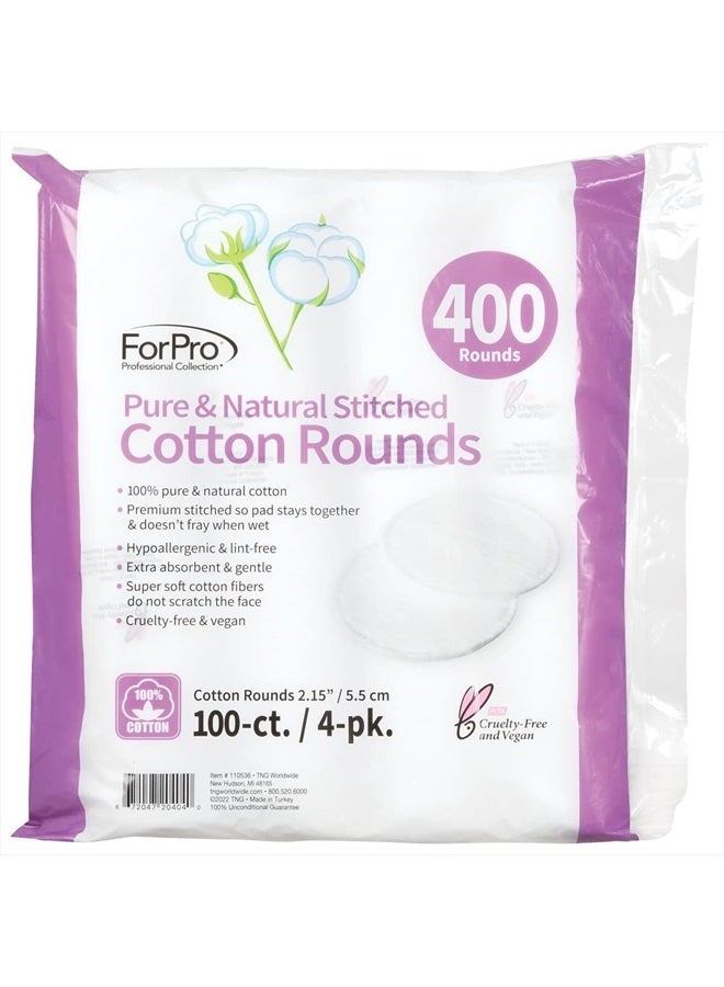 Pure & Natural Stitched Cotton Rounds for Face, 100% Pure Cotton Makeup Remover Pads, Hypoallergenic, Lint-Free, Vegan & Cruelty-Free, Pack of 4-100 Cotton Pads