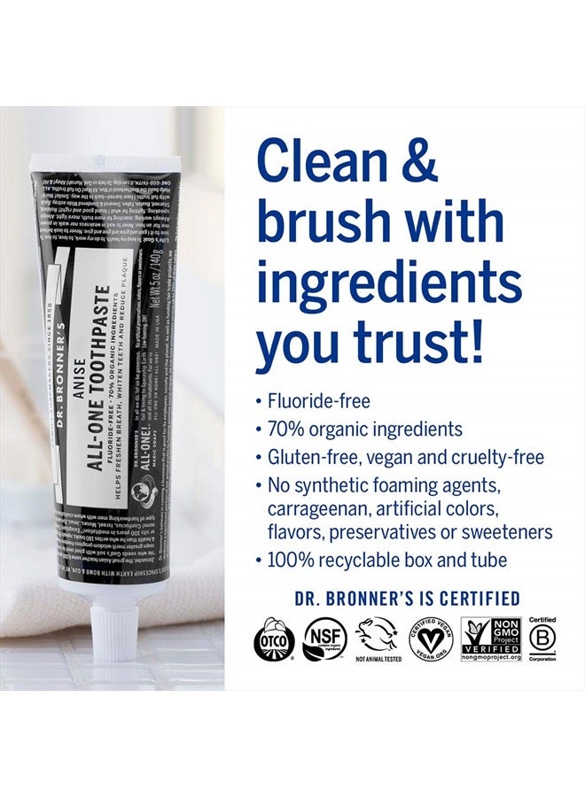 All-One Toothpaste (Anise, 5 Ounce, 3-Pack) - 70% Organic Ingredients, Natural and Effective, Fluoride-Free, SLS-Free, Helps Freshen Breath, Reduce Plaque, Whiten Teeth, Vegan