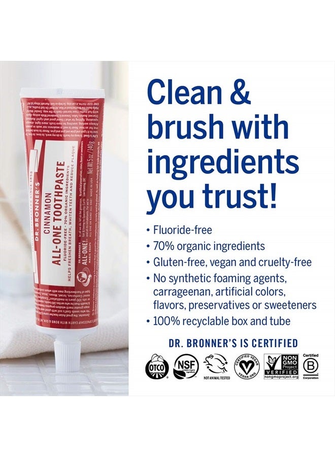 All-One Toothpaste (Cinnamon, 5 ounce, 3-Pack) - 70% Organic Ingredients, Natural and Effective, Fluoride-Free, SLS-Free, Helps Freshen Breath, Reduce Plaque, Whiten Teeth, Vegan