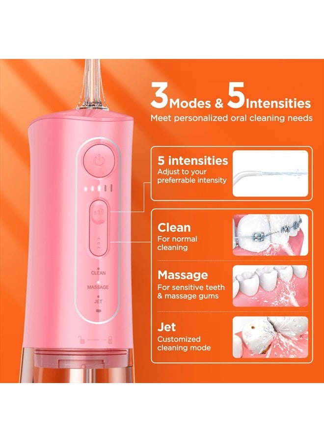 Water Flosser Teeth Picks, Cordless Portable Oral Irrigator, Powerful and Rechargeable Water Flosser for Teeth, Brace Care, IPX7 Waterproof Water Dental Picks for Cleaning, Quartz Pink