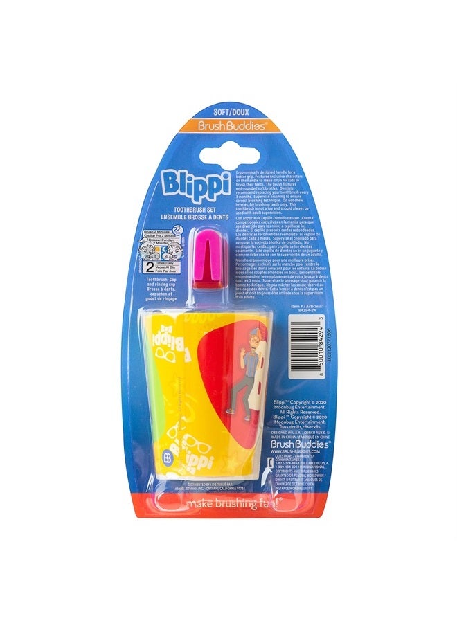 Blippi Kids Toothbrushes Kit, Manual Toothbrushes for Kids, Toothbrush for Toddlers 2-4 Years, Travel Toothbrush Kit with Cover and Cup, 3PC