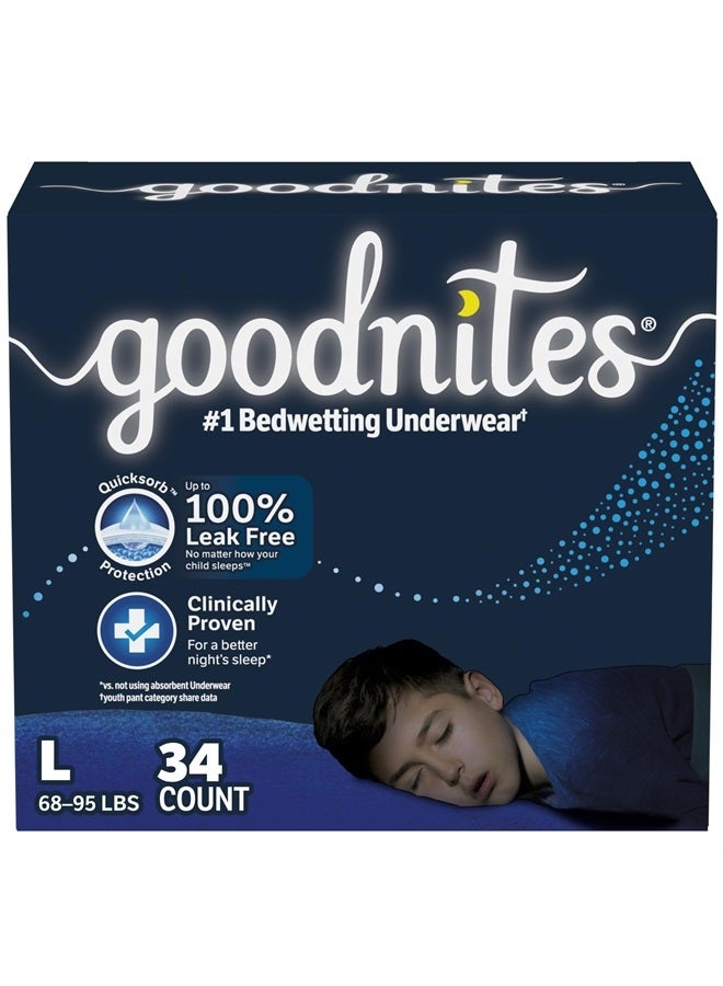 Goodnites Boys' Nighttime Bedwetting Underwear, Size Large (68-95 lbs), 34 Ct (2 Packs of 17), Packaging May Vary