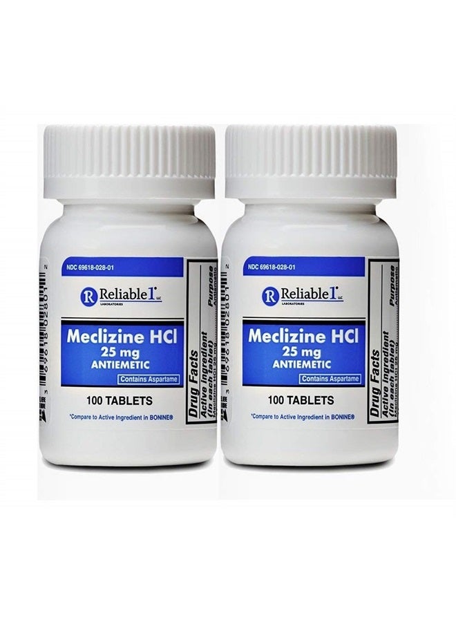 Meclizine 25 mg Generic Bonine Motion Sickness (100 Chewable Tablets Each (2-Pack) - Prevent Nausea, Vomiting, and Dizziness Caused by Motion Sickness