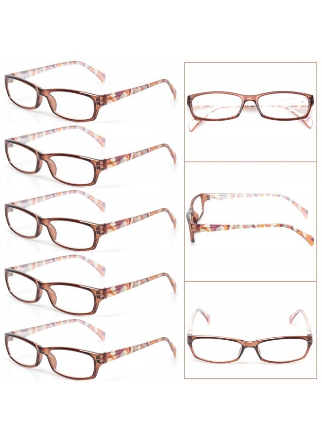 Reading Glasses 5 Pairs Fashion Ladies Readers Spring Hinge with Pattern Print Eyeglasses for Women (5 Pack Brown, 1.5)