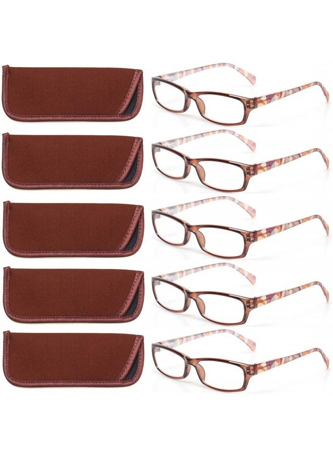 Reading Glasses 5 Pairs Fashion Ladies Readers Spring Hinge with Pattern Print Eyeglasses for Women (5 Pack Brown, 1.5)