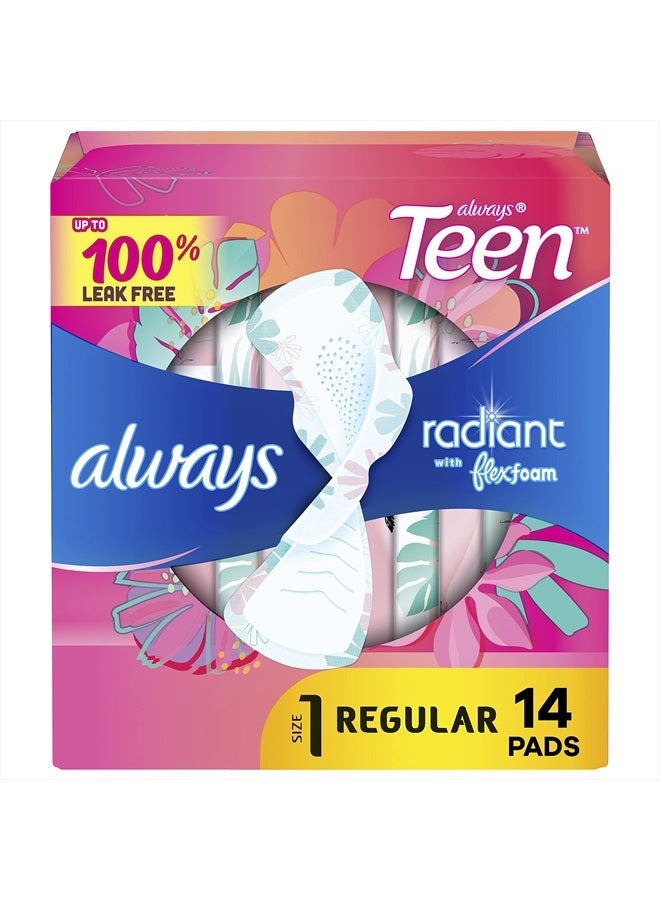 Radiant Teen Feminine Pads For Women, Size 1 Regular Absorbency, With Flexfoam, With Wings, Unscented, 14 Count