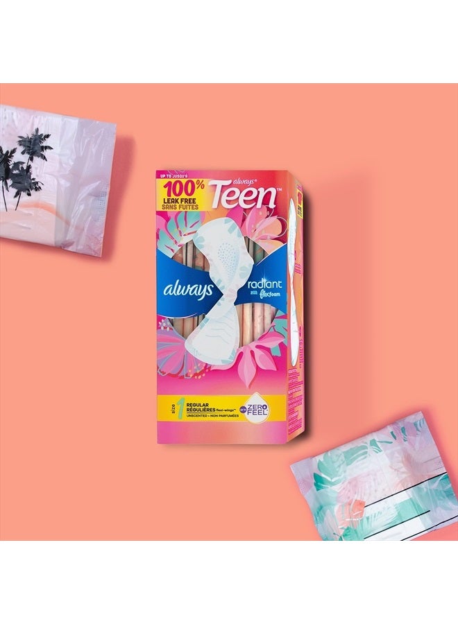 Radiant Teen Feminine Pads For Women, Size 1 Regular Absorbency, With Flexfoam, With Wings, Unscented, 14 Count