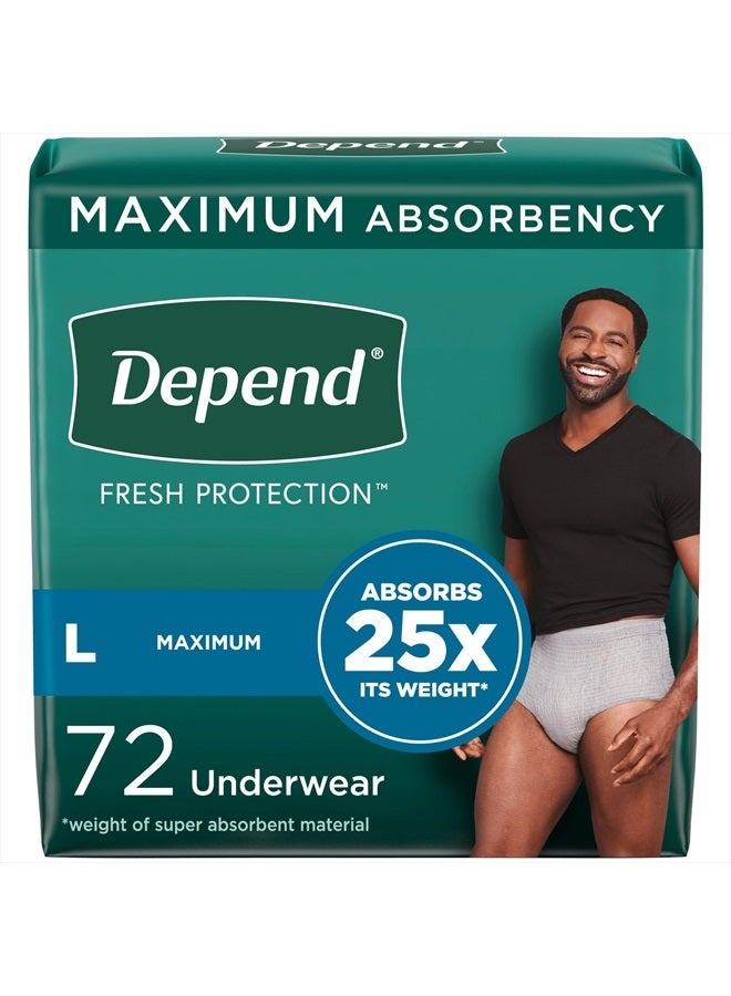 Fresh Protection Adult Incontinence Underwear for Men (Formerly Depend Fit-Flex), Disposable, Maximum, Large, Grey, 72 Count (2 Packs of 36), Packaging May Vary