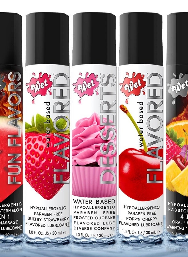 5-Piece Water-Based Flavored Lube Sampler Pack for Men, Women & Couples, 1 Fl Oz - Long-Lasting Premium Personal Lubricant Safe to Use with Latex Condoms - Gluten Free & Sugar Free