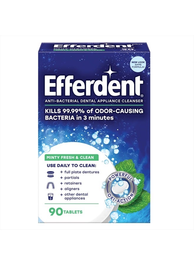 Efferdent Retainer Cleaning Tablets, Denture Cleanser Tablets for Dental Appliances, Fresh & Clean, Minty Fresh, 90 Tablets