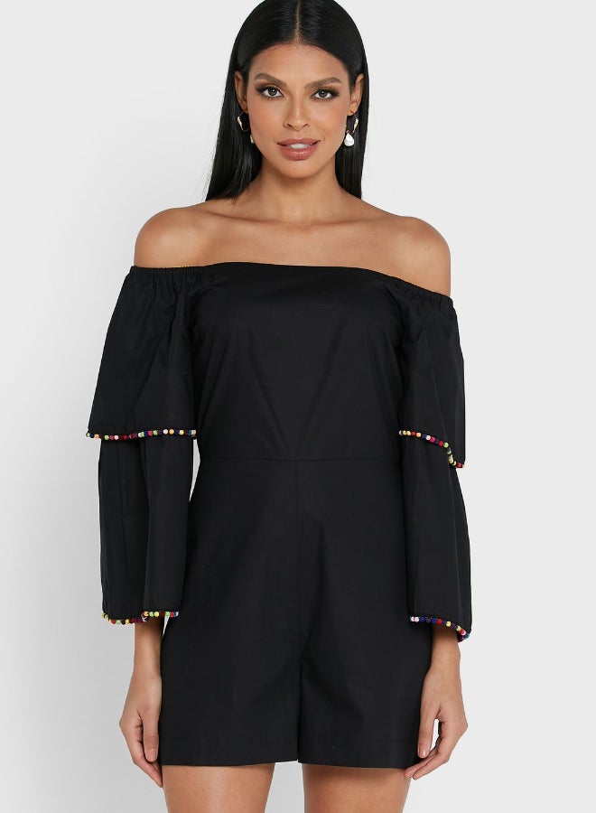 Bardot Layered Sleeve off Shoulder Playsuit Black