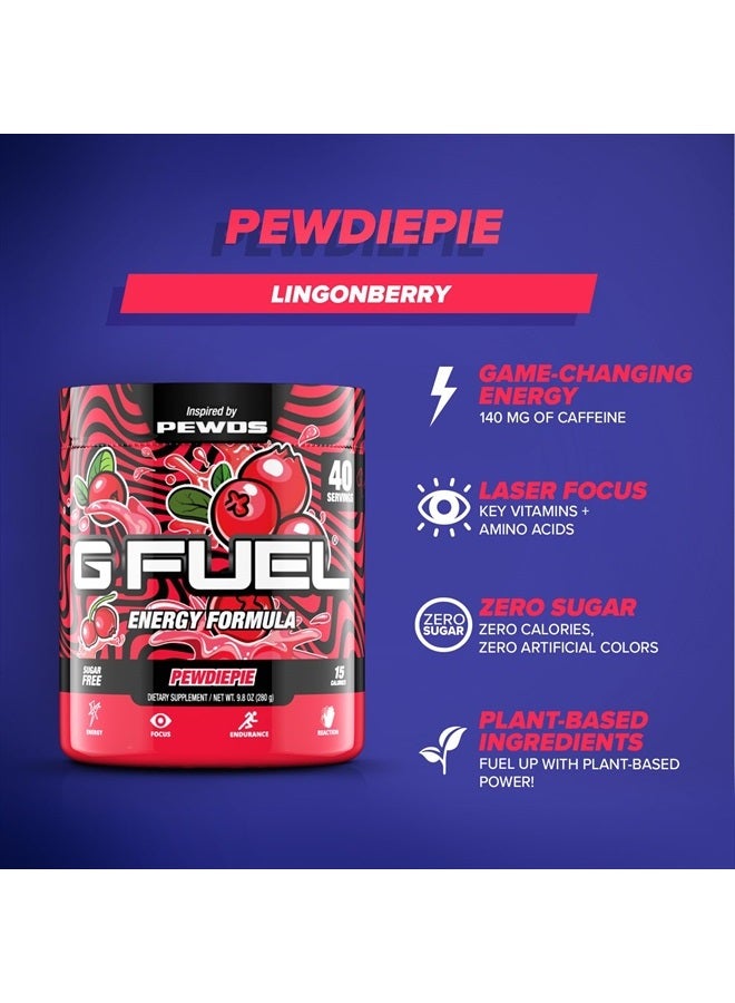 PewDiePie Energy Powder, Sugar Free, Clean Caffeine Focus Supplement, Water Mix, Lingonberry Flavor, Focus Amino, Vitamin + Antioxidants Blend - 9.8 oz (40 Servings)