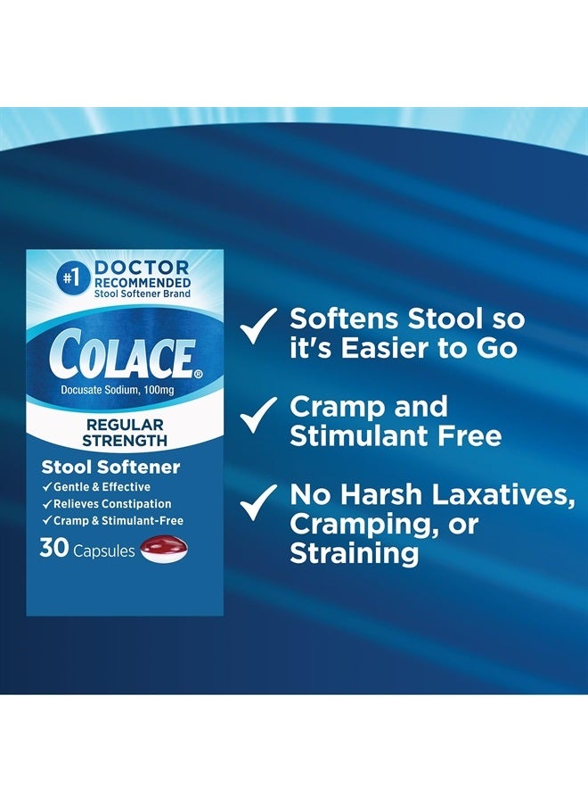 Regular Strength Stool Softener for Gentle Effective Constipation Relief, 1 Doctor Recommended Stool Softener Brand, 100 mg Docusate Capsules, 30 Count