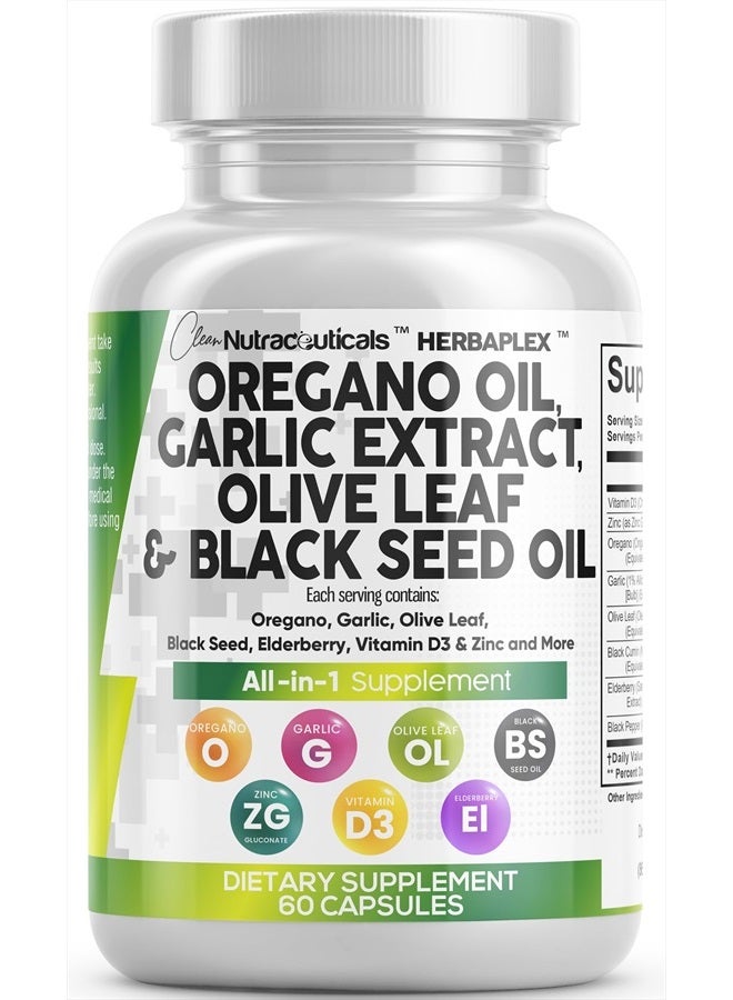 Oregano Oil 6000mg Garlic Extract 4000mg Olive Leaf 3000mg Black Seed Oil 3000mg - Immune Support & Digestive Health Supplement for Women and Men with Vitamin D3 and Zinc - 60 Caps
