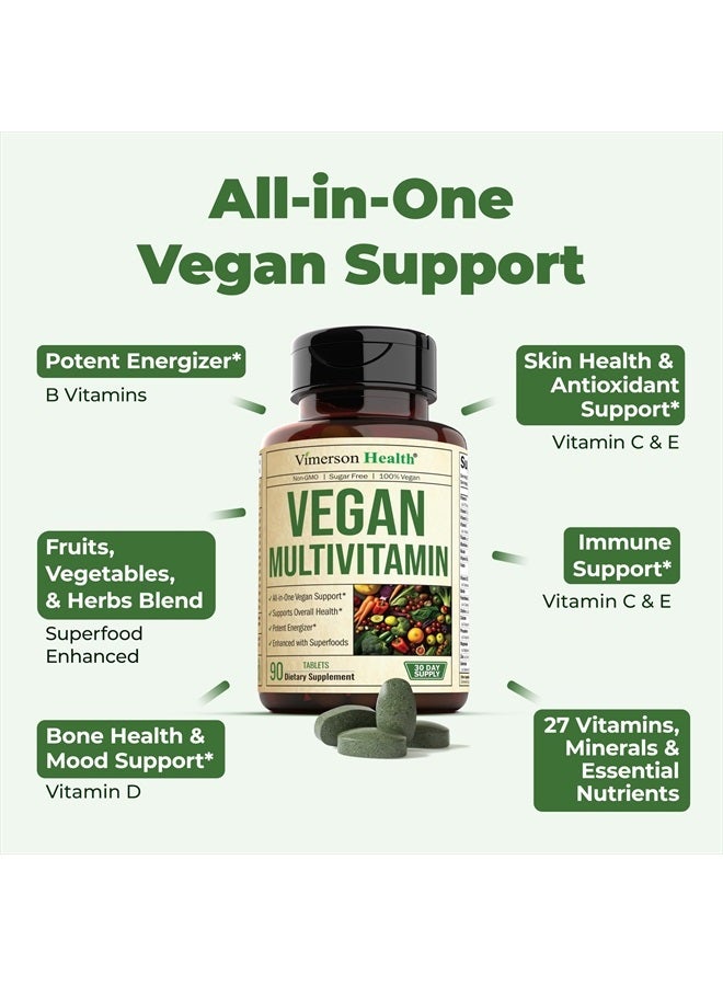 Vegan Multivitamins for Women & Men - Multivitamin & Multimineral Supplements for Energy, Focus and Overall Health. Daily Vegan Vitamins A, C, D, E & B12, Zinc, Calcium, Magnesium & More. 90 Tablets