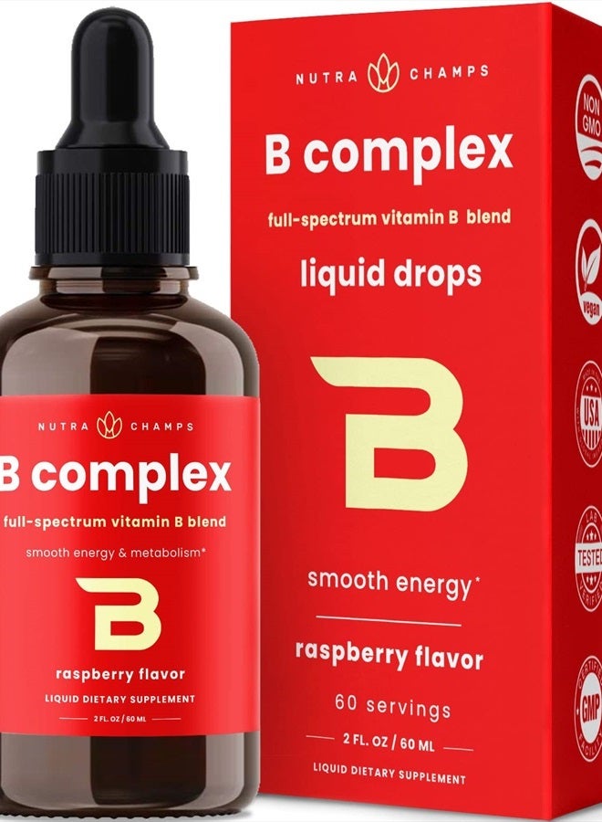 Vitamin B Complex Liquid Drops | B Vitamins Complex Supplement with B1, B2, B3, B6, B7, B9 & Methyl B12 Drops for Adults & Kids | Vegan Berry Flavor 2oz | 60 Servings / 2 Month Supply