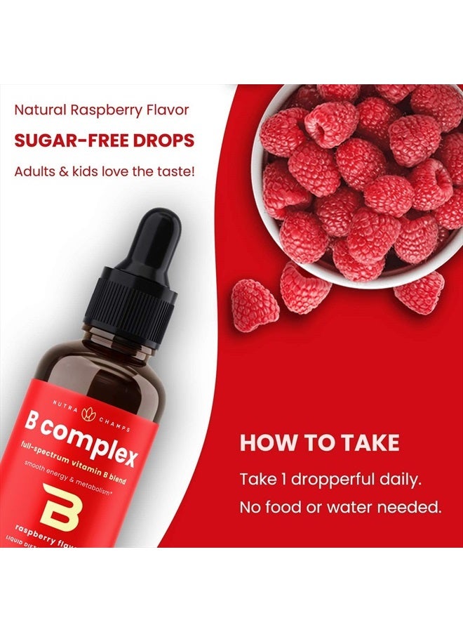 Vitamin B Complex Liquid Drops | B Vitamins Complex Supplement with B1, B2, B3, B6, B7, B9 & Methyl B12 Drops for Adults & Kids | Vegan Berry Flavor 2oz | 60 Servings / 2 Month Supply