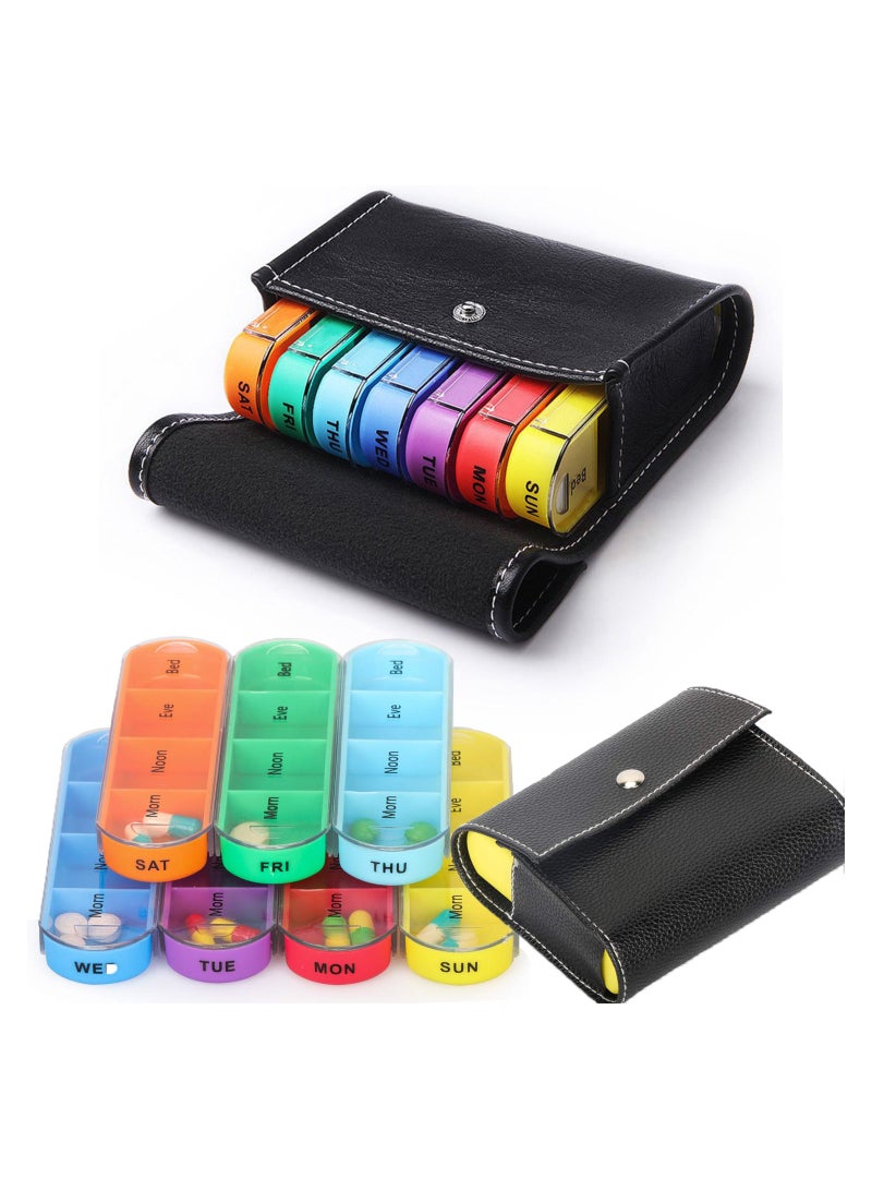 Rainbow Medicine Box, Pill Seven Day Notebook Portable Storage Box, Suitable for Pills, Vitamins/Fish Oil/Tonic Travel, Work Management Container (Pill Box with Leather case)