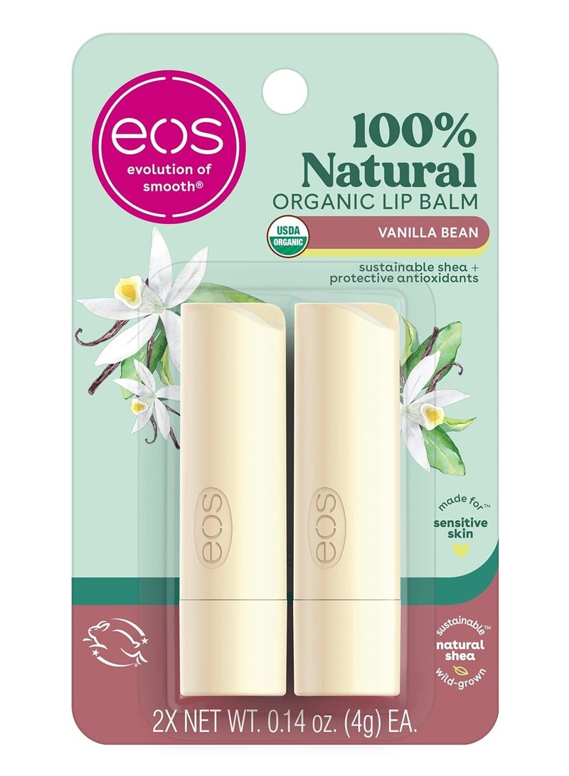 eos 100% Natural & Organic Lip Balm Sticks- Vanilla Bean, All-Day Moisture, Dermatologist Recommended, 0.14 oz, 2-Pack