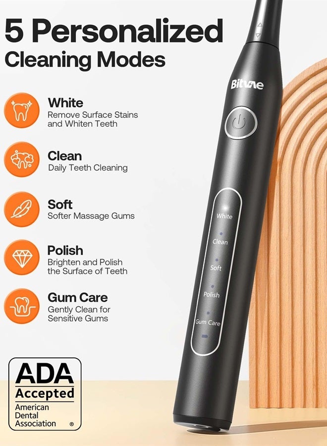 Electric Toothbrush for Adults - Ultrasonic Electric Toothbrushes with 8 Brush Heads, ADA Accepted Power Rechargeable Toothbrush with 5 Modes, Smart Timer, Black D2