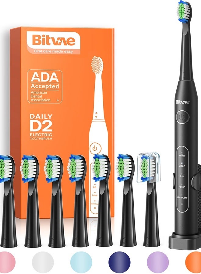 Electric Toothbrush for Adults - Ultrasonic Electric Toothbrushes with 8 Brush Heads, ADA Accepted Power Rechargeable Toothbrush with 5 Modes, Smart Timer, Black D2