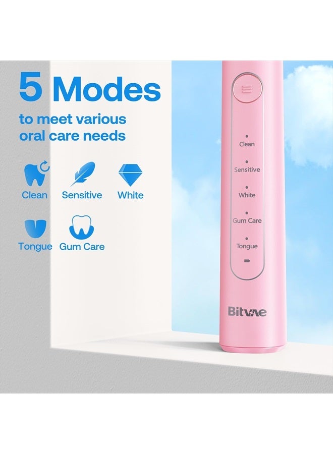 R2 Rotating Electric Toothbrush for Adults with 8 Brush Heads, 5 Modes Rechargeable Power Toothbrush with Pressure Sensor, Pink