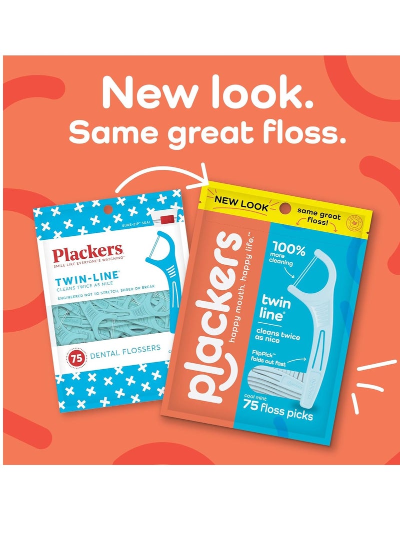 Plackers Twin-Line Dental Flossers, Cool Mint Flavor, Dual Action Flossing System, Easy Storage, Super Tuffloss, 2X The Clean, 75 Count