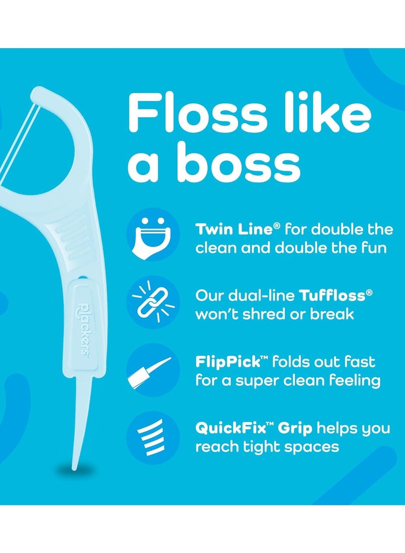 Plackers Twin-Line Dental Flossers, Cool Mint Flavor, Dual Action Flossing System, Easy Storage, Super Tuffloss, 2X The Clean, 75 Count