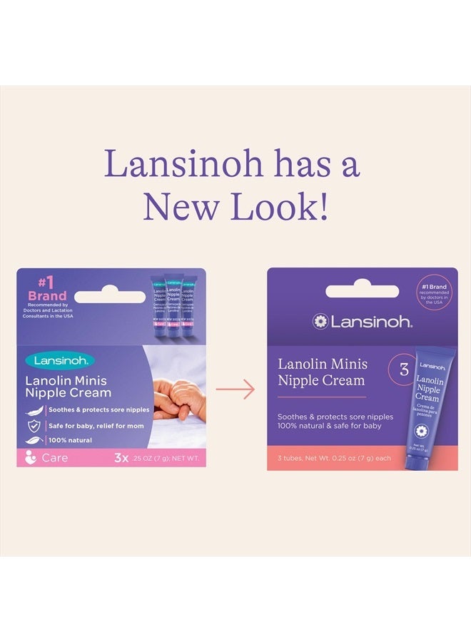 Lanolin Nipple Cream, Safe for Baby and Mom, Breastfeeding Essentials, Lanolin Lip Balm, 3 Mini Tubes, Each 0.25 Ounces