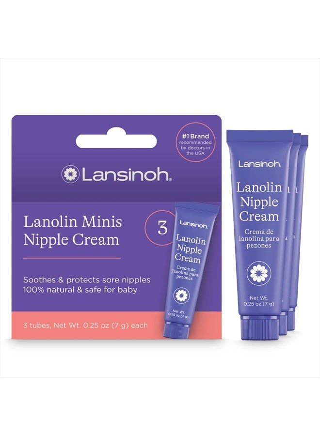 Lanolin Nipple Cream, Safe for Baby and Mom, Breastfeeding Essentials, Lanolin Lip Balm, 3 Mini Tubes, Each 0.25 Ounces