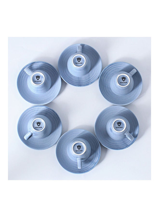 12-Piece Kiln Variable Glaze Round Linear Ceramic Cup And Saucer Blue 9x5.4x5.4cm