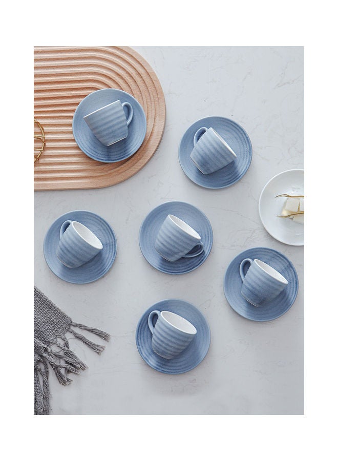 12-Piece Kiln Variable Glaze Round Linear Ceramic Cup And Saucer Blue 9x5.4x5.4cm