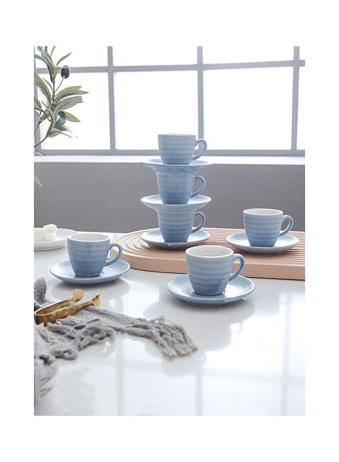 12-Piece Kiln Variable Glaze Round Linear Ceramic Cup And Saucer Blue 9x5.4x5.4cm