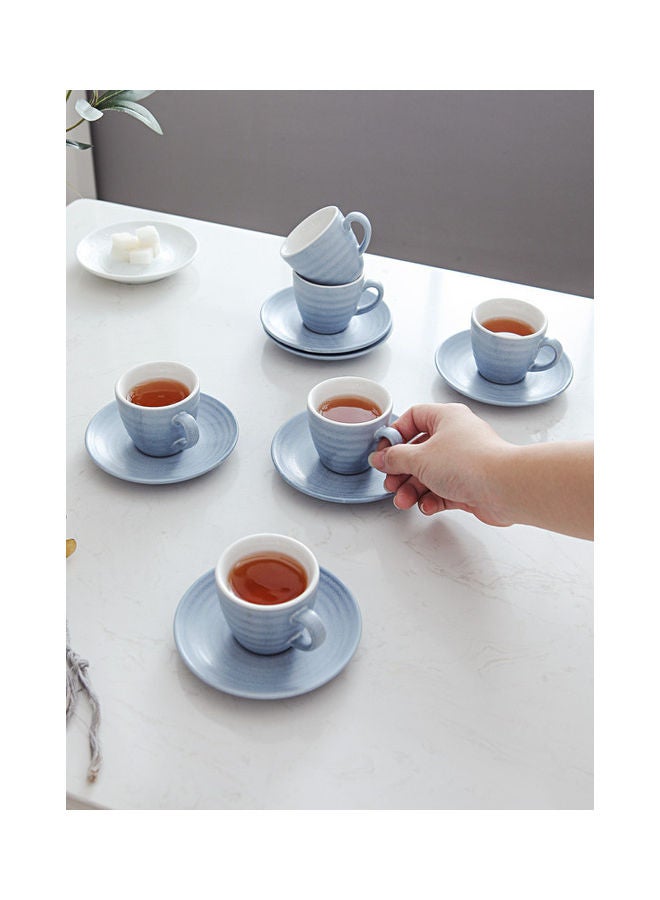 12-Piece Kiln Variable Glaze Round Linear Ceramic Cup And Saucer Blue 9x5.4x5.4cm