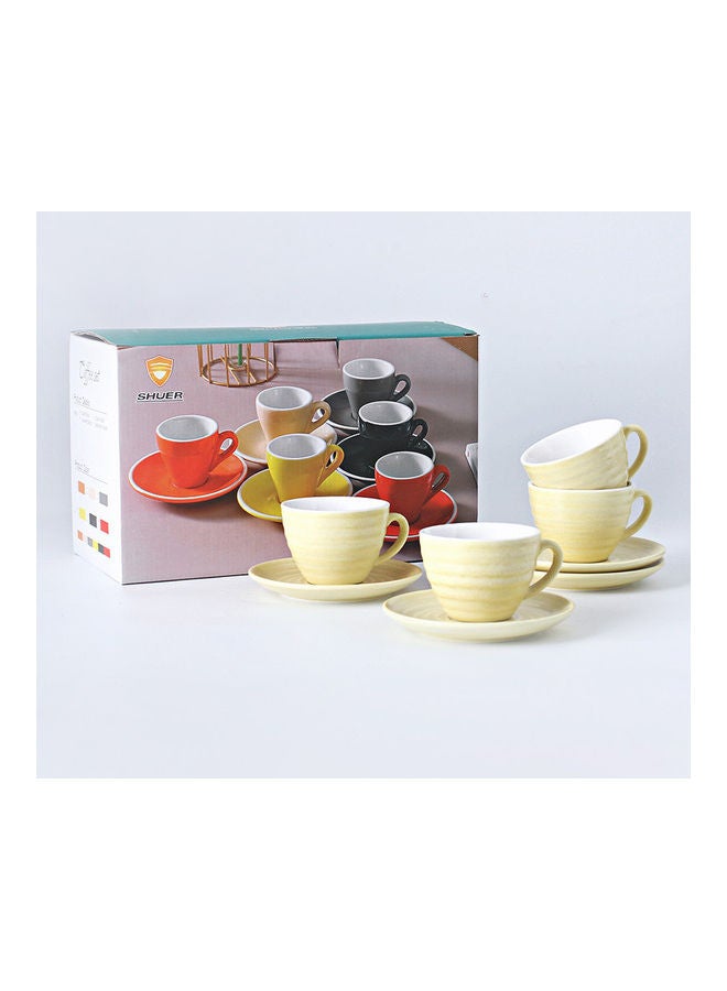 8-Piece Kiln Variable Glaze Round Ceramic Coffee Cup And Saucer Yellow 11x9x6.5cm
