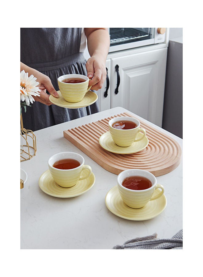 8-Piece Kiln Variable Glaze Round Ceramic Coffee Cup And Saucer Yellow 11x9x6.5cm