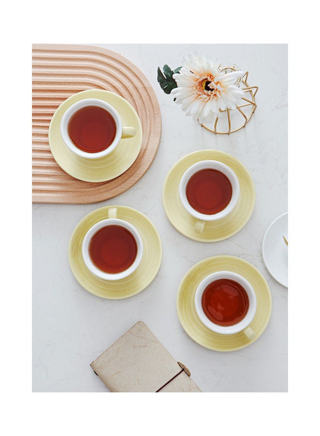 8-Piece Kiln Variable Glaze Round Ceramic Coffee Cup And Saucer Yellow 11x9x6.5cm