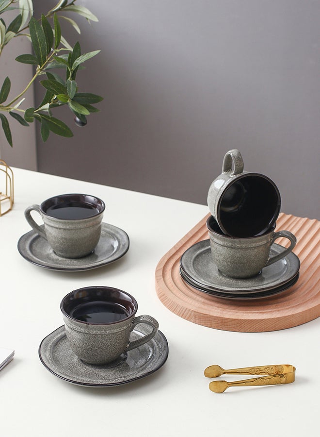 8-Piece Variable Glaze Deformation Cup & Saucer Grey 8.8x8.8x6.7cm