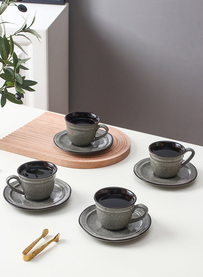 8-Piece Variable Glaze Deformation Cup & Saucer Grey 8.8x8.8x6.7cm
