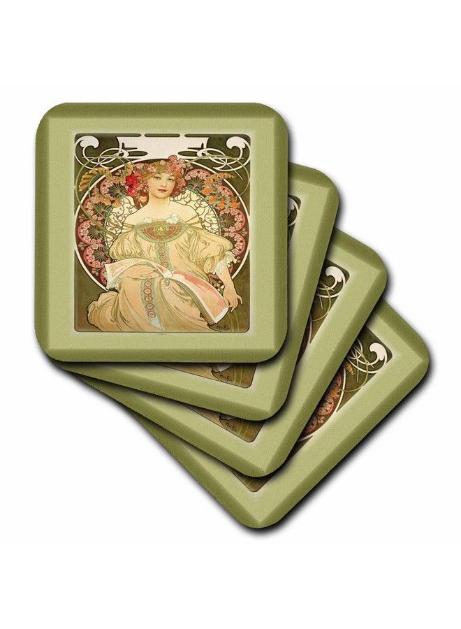 Cst_98596_1 Muchas Art Nouveau Painting Of Pretty Lady With Flowers Around Hersoft Coasters Set Of 4