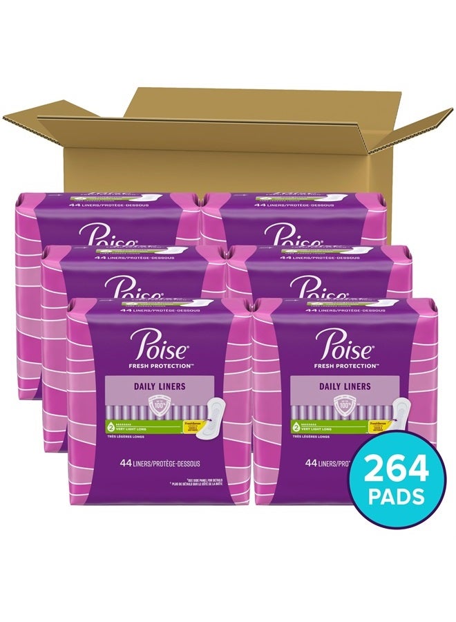 Daily Liners, Incontinence Panty Liners, 2 Drop Very Light Absorbency, Long Length, 264 Count of Pantiliners (6 Packs of 44), Packaging May Vary