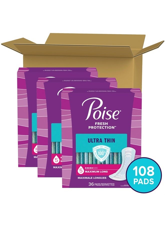 Ultra Thin Incontinence Pads & Postpartum Incontinence Pads, 5 Drop Maximum Absorbency, Long Length, 108 Count (3 Packs of 36), Packaging May Vary