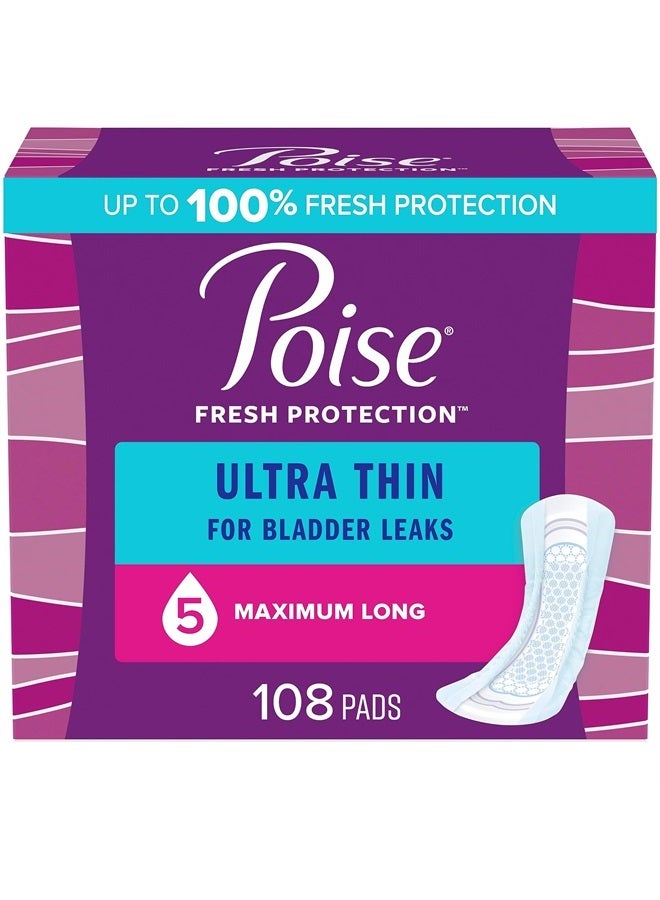Ultra Thin Incontinence Pads & Postpartum Incontinence Pads, 5 Drop Maximum Absorbency, Long Length, 108 Count (3 Packs of 36), Packaging May Vary