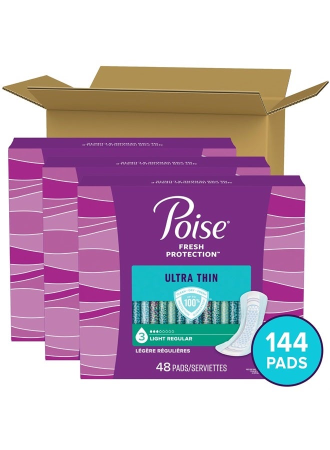 Ultra Thin Incontinence Pads & Postpartum Incontinence Pads, 3 Drop Light Absorbency, Regular Length, 144 Count (3 Packs of 48), Packaging May Vary